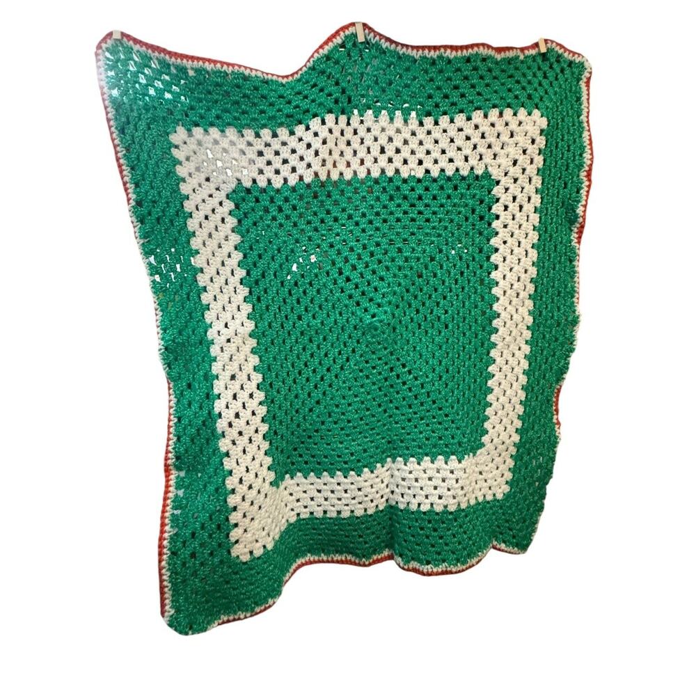 Vintage Handmade Crochet Granny Square Christmas Baby Blanket 35x30 Green Red